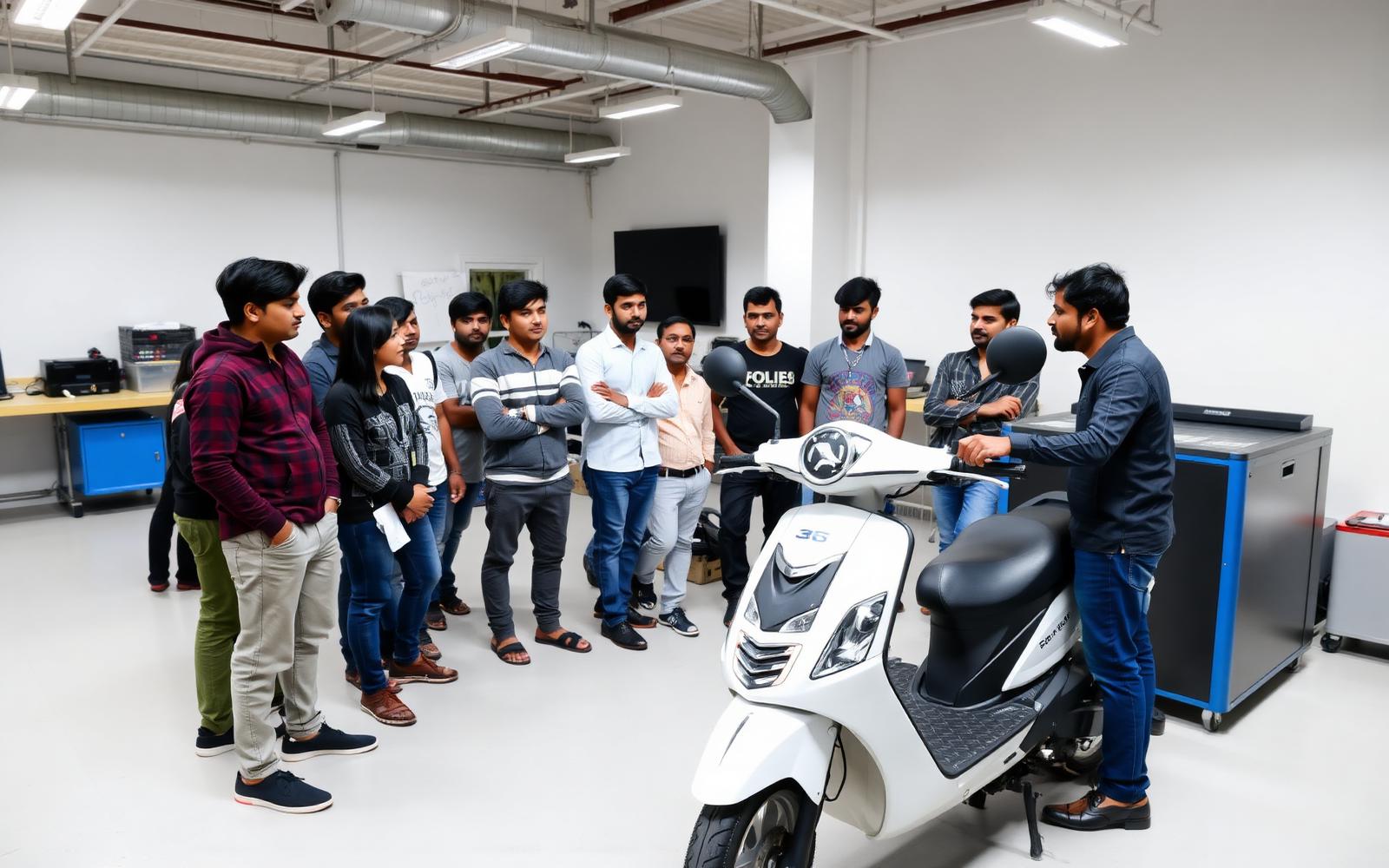 Learners and a trainer gathered around an electric scooter during an EVGEN practical session