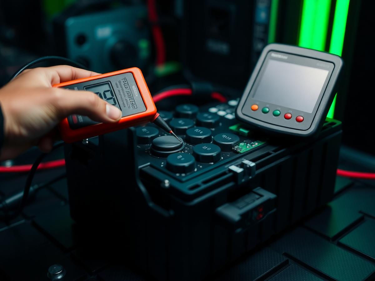 Battery pack being tested with a multimeter and diagnostic equipment